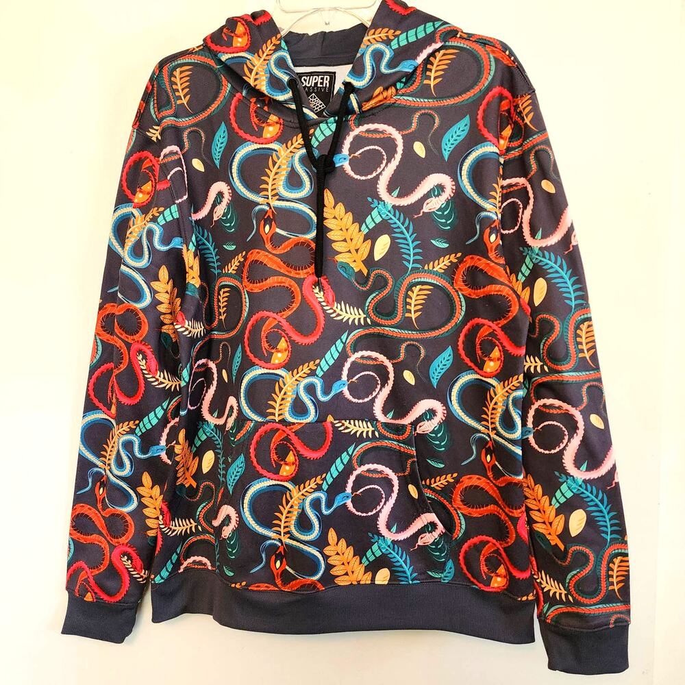 Colorful Reptile Snake Print Hoodie Long Sleeve Kangaroo Pocket Pullover M